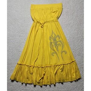 Cristinalove Yellow Strapless Tube Dress Rhinestone Fleur De Lis Boho Small